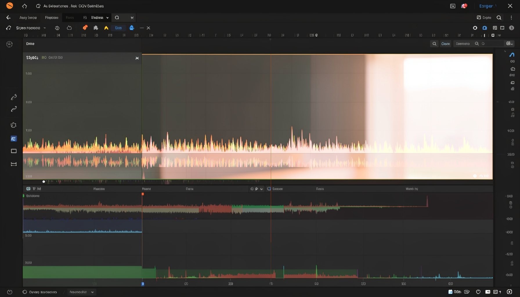 Dark video editing timeline interface with colorful waveform bars and a glowing preview pane, moody and cinematic